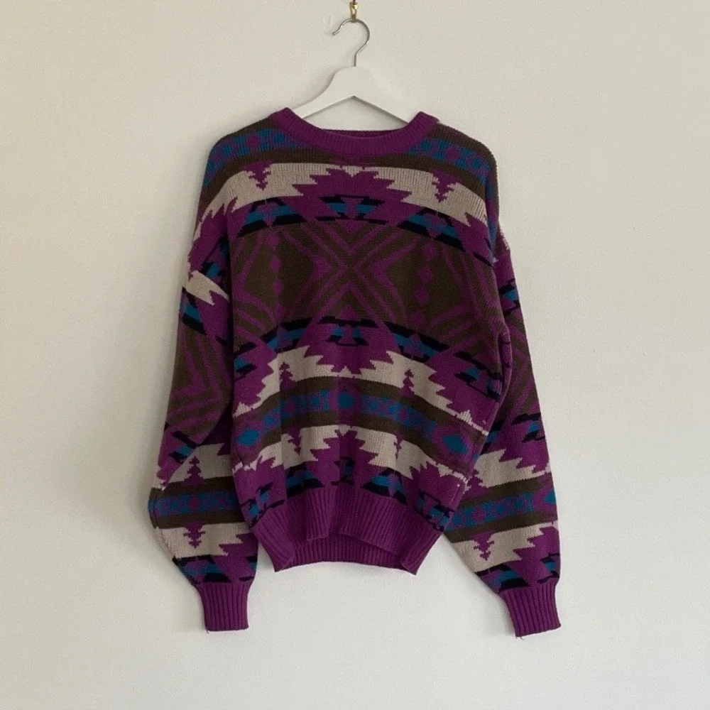 Vintage 1990s Southwestern Geometric Knit Sweater Purple Mens Large Western